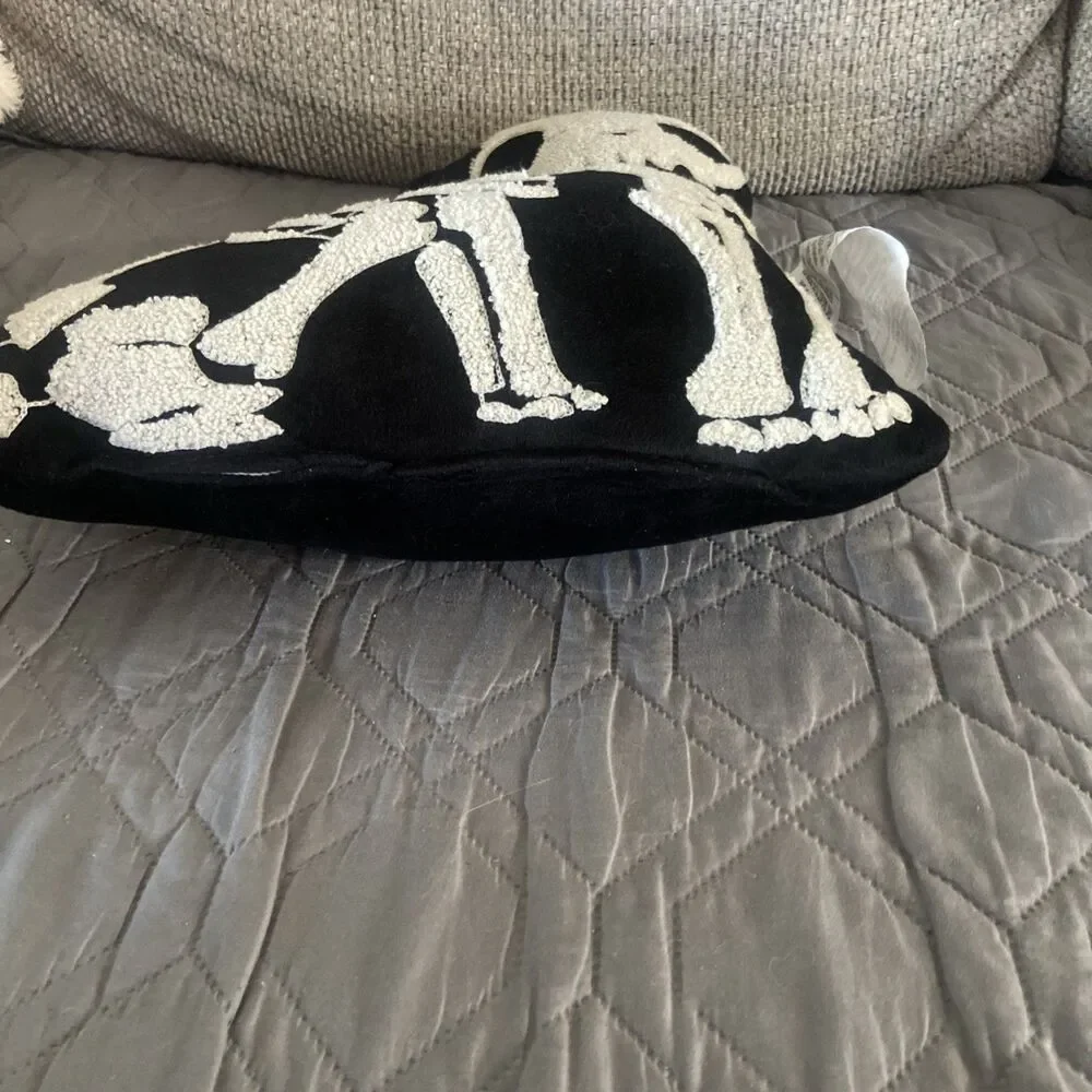 Black & White Skeleton Cat Decorative Pillow Plush Embroidered Fall Halloween